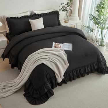 Imagem de ANGIYUIN Conjunto de edredom preto de casal preto com babados, casa de fazenda, para meninas e mulheres, conjunto de edredom de cama elegante sólido com lençóis (preto casal)