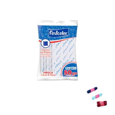 Imagem de Kit Saco de Pipoca Festcolor 7,5cm x 14cm com 50 Unidades e Fita Cetim 10mm x 10 Metros