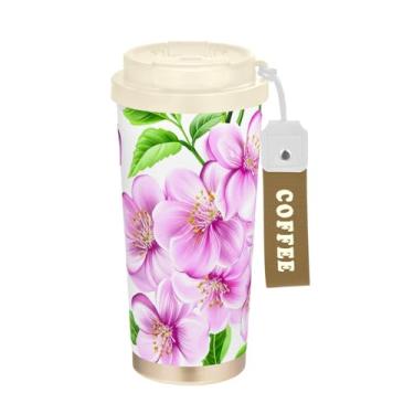 Imagem de TSENQUE Caneca de café de viagem 40 ml com canudo e tampa, revestimento cerâmico isolado a vácuo paredes duplas canecas de café, flores rosa folhas verdes brancas