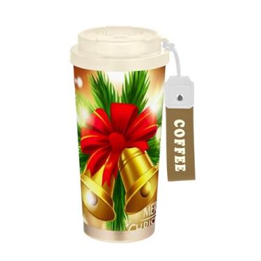 Imagem de TSENQUE Flocos de neve de Natal Golden Bells, copo de café de viagem 473 ml com canudo e tampa, copos de parede dupla isolados a vácuo com revestimento cerâmico para escritório, escola, festa