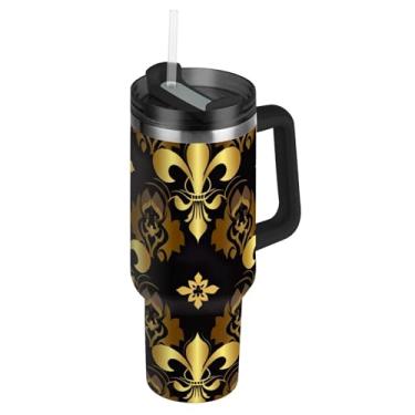 Imagem de Joisal Copos de aço inoxidável com tampas e canudos Elegante Flor Dourada de Lis Carros Pretos Caneca de Café Bebida Quente à Prova de Derramamento Copo de 1,134 g com Alça Garrafas de Água Isoladas