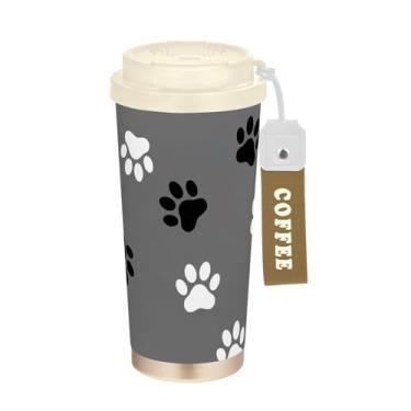 Imagem de TSENQUE Caneca de café de viagem 40 ml com revestimento cerâmico, caneca de café de aço inoxidável com tampa e canudo, copo isolado a vácuo, preto branco pata de cachorro cinza