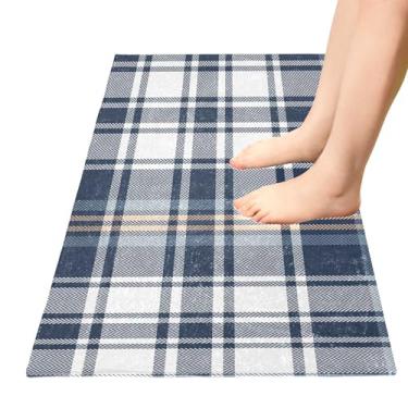 Imagem de TSENQUE Tapete de banheiro xadrez azul tartan tapete de cozinha desenho animado tapete de porta interior antiderrapante antiderrapante tapete de banheiro para decoração de quarto de casa, 99 cm x 50