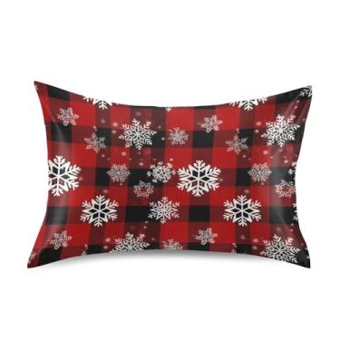 Imagem de Travesseiros de cetim xadrez vermelho preto com flocos de neve de Natal fofo refrescante King Queen almofadas padrão deslizantes impressão artística capa de almofada macia para cama queen tamanho 76,2