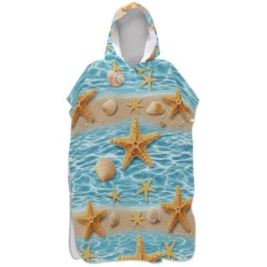 Imagem de Joisal Poncho de surfe trocador de roupão para banho de praia Adul toalhas com capuz absorvente masculino poncho com capuz estrela do mar conchas azuis