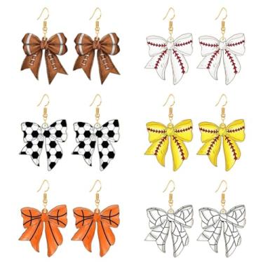 Imagem de 6 pares de brincos femininos em forma de laço de softball, beisebol, futebol, basquete, basquete, feitos à mão, feitos à mão, para o dia do jogo, para fãs de esportes, lembrancinhas de festa, joias