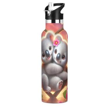 Imagem de Garrafa de água de aço inoxidável de 590 ml com tampa e alça de palha, garrafa de água escolar sem BPA, copos infantis com isolamento a vácuo de parede dupla, Love Koalas Colorful Valentine