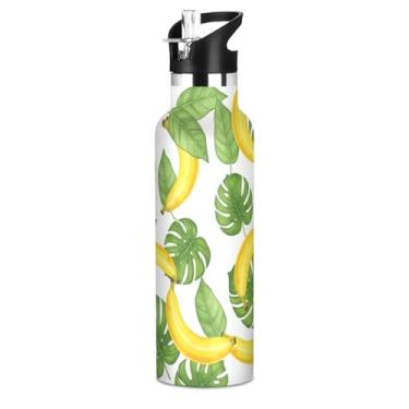 Imagem de Joisal Garrafa de água isolada de aço inoxidável de 590 ml com tampa de canudo para bebidas frias ou quentes, folhas de bananas amarelas sem BPA, parede dupla, copos infantis para meninos e meninas