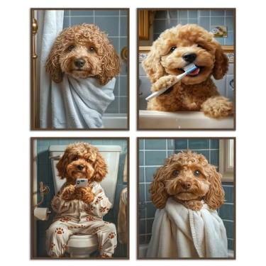 Imagem de Dazzlewall Conjunto de arte de parede de banheiro de cachorro engraçado de 4 peças, estampas de arte de parede de cachorro poodle fofo para decoração de banheiro banheiro 20 x 25 cm sem moldura