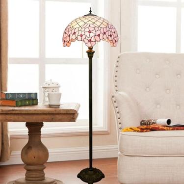 Imagem de Luminária de chão Tiffany estilo flor de cerejeira em vitral, 40x40x162 cm, flores rosa, luminária de leitura para mesa, decoração para quarto, sala de estar ou escritório.