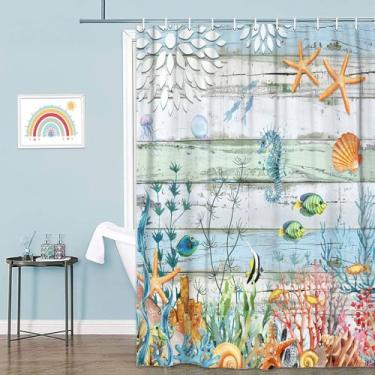 Imagem de VeiVian Cortina de chuveiro náutica, decoração de banheiro com tema de oceano costeiro,...