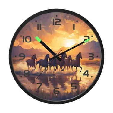 Imagem de SEHANY Relógio de parede artístico majestoso cavalos silencioso, sem tique-taque, relógio redondo operado por bateria, controle de som, luz noturna, relógios de parede para sala de estar, cozinha