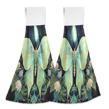 Imagem de Joitme Toalhas de mão florais Moon Moth para pendurar com laço, pacote com 2, panos de prato macios e absorventes de cozinha com fita mágica para forno ou pia