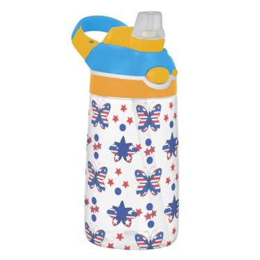 Imagem de Garrafa de água esportiva infantil Butterflies Red White Blue Stars para escola, 473 ml Tritan 473 ml, garrafa de água com canudo, copo de viagem reutilizável para crianças, portátil, alça de