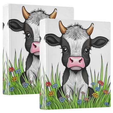Imagem de Lindos fichários de 3 anéis de flores de vaca Highland com 3 argolas para 200 folhas de caderno de animais florais fichário de apresentação de anel redondo, 31,5 x 27 x 6 cm, pacote com 2