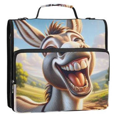 Imagem de Fichários grandes de 3 cm com 3 anéis, burro rindo, divertido, organizador com zíper, pasta de armazenamento com alça e bolsa escolar