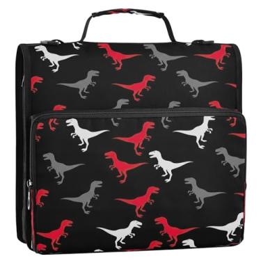 Imagem de Bolsa organizadora de fichário com zíper e 3 anéis de dinossauro vermelho, cinza, preto, 3 cm, com alça, pasta grande para portfólio comporta 500 folhas para escola ou escritório