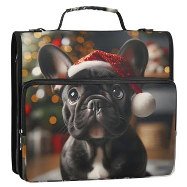 Imagem de Organizador de fichário com zíper, buldogue francês, cachorro de Natal, 3 cm, fichário com 3 anéis, bolsa de fichário escolar personalizada com alça de ombro, pasta de armazenamento com alça de ombro