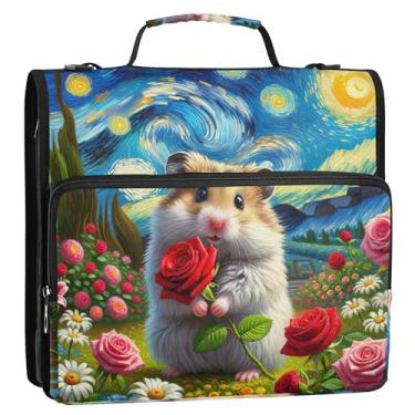 Imagem de Fichário fofo hamster noite estrelada 3,8 cm 3 argolas anel D fichário com zíper fichário organizador com alça bolsa de ensino médio portfólio e estojo suporte de pasta de anel