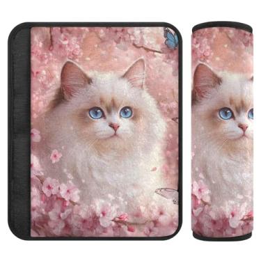 Imagem de Joitme Flores gato borboleta dois pacotes capa de cinto de segurança, capas de cinto de segurança macias, adequadas para vários usos, almofada de ombro para alça de bolsa