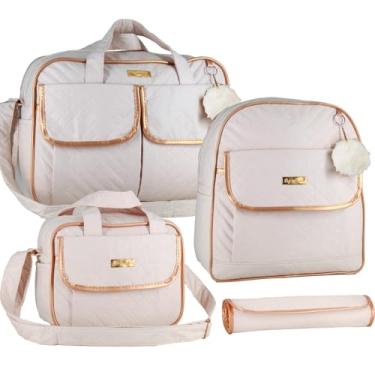 Imagem de Conjunto de Bolsas Maternidade Luxo, 4 Peças, Matelassê Bege com Detalhes Rose Gold, Fecho Magnético (Bege)