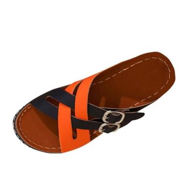 Imagem de Sandálias femininas de praia com salto cunha combinando cores elegantes e confortáveis para o verão, Laranja, 34