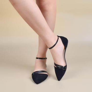 Imagem de Sandálias rasteiras femininas de bico fino – Sandálias pretas de verão com tira no tornozelo com design fechado, sapatos sem cadarço de uma alça para roupas casuais e elegantes, calçados leves e