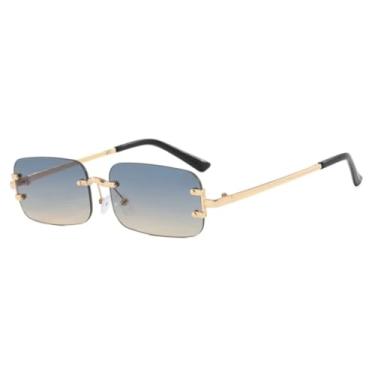 Imagem de HPIRME Óculos de sol de luxo, modernos, retangulares, sem aro, com hastes de metal, para dirigir, unissex, com proteção UV400 (dourado e azul).