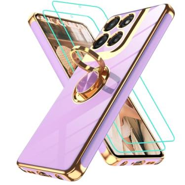 Imagem de Capa para Motorola Moto-G-Stylus-5G 2025: 2 peças de protetor de tela, suporte magnético de rotação de 360°, capa protetora de TPU macio com borda dourada, roxo claro