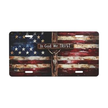 Imagem de Placa de carro decorativa com bandeira americana de Jesus em estilo retrô. Placa de carro de metal. Placa de carro de alumínio Noverlty impermeável Colorfast 30 x 15 cm