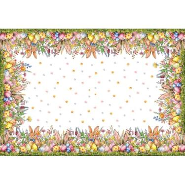 Imagem de XCHI Toalha de mesa quadrada com orelhas de coelho, ovos, flores silvestres, coelhos, Páscoa, toalha de mesa, lavável, para decoração de festa em casa, 152 x 152 cm