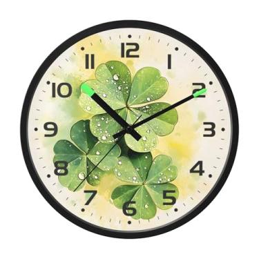 Imagem de SEHANY Relógio de parede Green Clover, silencioso, sem tique-taque, relógio redondo operado por bateria, controle de som, luz noturna, relógios de parede para sala de estar, cozinha, quarto
