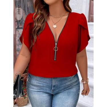Imagem de Blusa De Chiffon plus Size Com Decote Em V, Casual De Verão, Elegante 