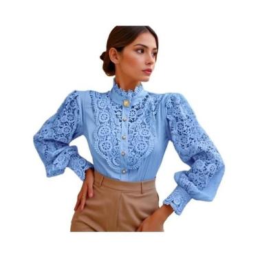 Imagem de Blusa Feminina De Primavera Com Renda Floral, Gola Alta, Botões, Camis