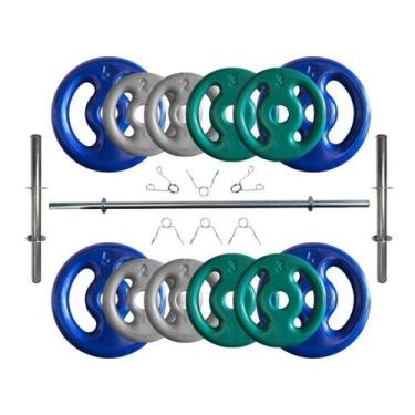 Imagem de Kit Anilhas Emborrachadas 40 Kg + Barras com Presilhas - RLM STORE