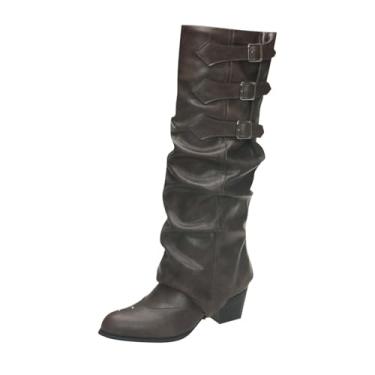 Imagem de Botas femininas caubói ocidental bico fino fivela cinto tornozelo para outono e inverno moda meia panturrilha calçado, Marrom, 34