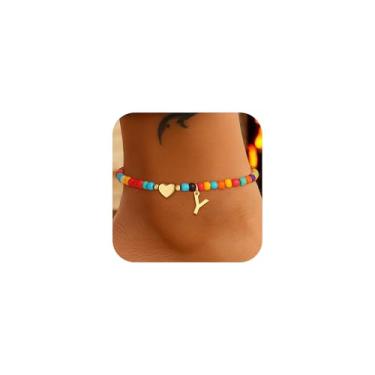 Imagem de Eaciy Tornozeleiras femininas coloridas com inicial inicial de coração banhado a ouro 14 quilates delicado A - Z letra tornozeleira colorida para mulheres, 8+2, Latão, Sem Pedra Preciosa