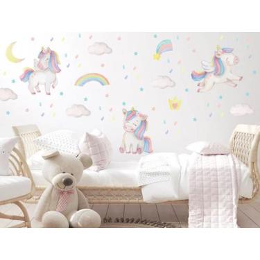 Imagem de Adesivo de Parede Unicórnio Aquarela Arco Íris Nuvens Cute Baby Decora