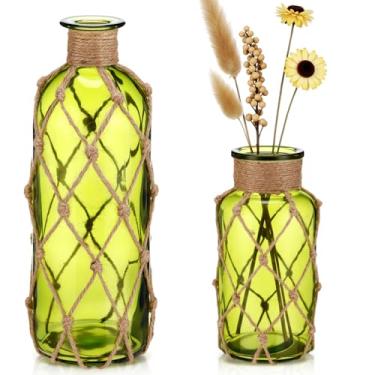Imagem de Chuangdi Conjunto de 2 vasos de vidro costeiros para flores, pequeno vaso de flores com corda boho, garrafa decorativa de praia para mesa náutica costeira centro de mesa decoração de arranjo floral de