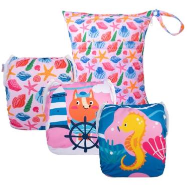 Imagem de ALVABABY 3 fraldas grandes de natação para bebês com 1 bolsa molhada, reutilizável, lavável e ajustável para aulas de natação, meninos e meninas 3ZYKL07