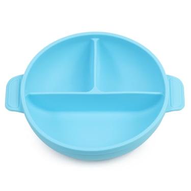 Imagem de Pratinho com tampa, divisória e ventosa em silicone para bebês. Azul.