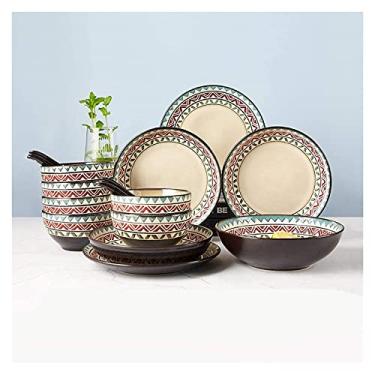 Imagem de Prato de jantar reutilizável com 18 peças, conjunto de utensílios de cozinha, retrô, geométrico, conjuntos de pratos de jantar de cerâmica elegante (cozinha)