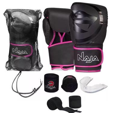 Imagem de KI Luva de Boxe e Muay Thai Black Line Naja + Bandagem + Protetor Bucal + Bandagem Extra Sortida-Unissex
