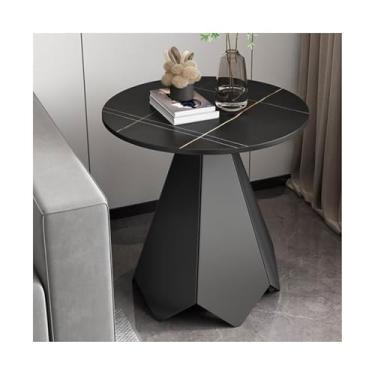 Imagem de Mesa lateral redonda moderna com tampo de pedra sinterizada e base de metal, mesa de centro pequena de cabeceira moderna para sala de estar quarto pequeno espaço simples (preto)
