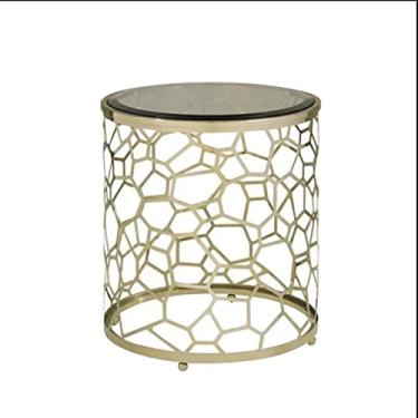 Imagem de x3anggyt5 Mesa de centro redonda com mesa de vidro temperado e moldura de aço vazado, mesas laterais, mesa de centro pequena, mesa de lazer para sala de estar, quarto, mesa lateral de escritório