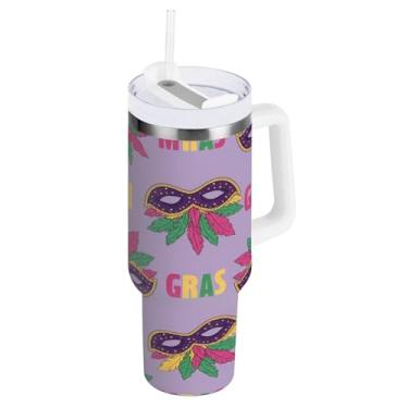 Imagem de Blueangle Copo isolado de máscara de carnaval de 850 g com alça e tampa de palha, caneca de viagem reutilizável de aço inoxidável (681)