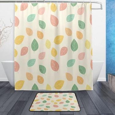 Imagem de Kigai Conjuntos de tapetes de cortina de banho de folhas verdes coloridas 2 peças, conjunto de tema de banheiro (152 x 182 cm) com cortina de chuveiro e tapete antiderrapante - 12 ganchos