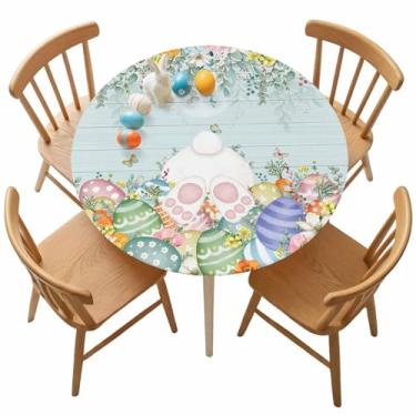 Imagem de Singingin Toalha de mesa redonda de Páscoa com borda elástica, cauda de coelho, ovos coloridos, primavera, eucalipto, floral, grão de madeira, impermeável, à prova de óleo, capa de mesa para festas e