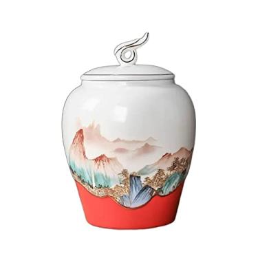 Imagem de Enfeites de cerâmica chineses decorativos vasilha de chá vintage estilo chinês recipiente de chá solto de cerâmica com tampa de nuvens auspiciosas e recipiente de pinturas de paisagem desenhado à mão
