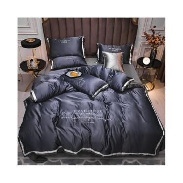 Imagem de Conjunto de cama King Queen de cetim de luxo, cor pura, 4 peças, capa de edredom de rayon sedoso macio com zíper (azul, tamanho king 4 peças)